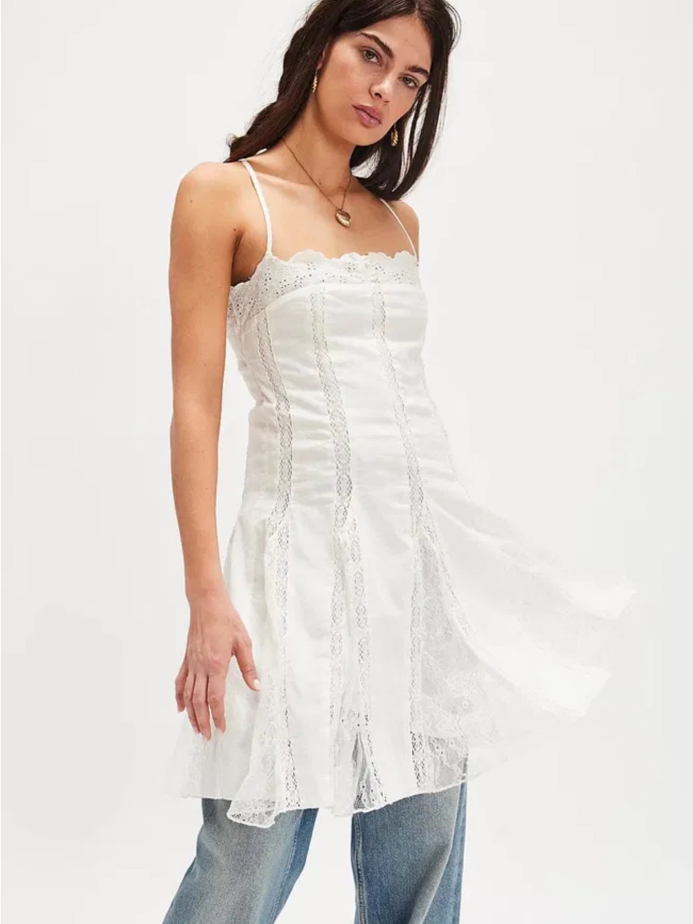 Free People White Lace-Panel Slip Dress